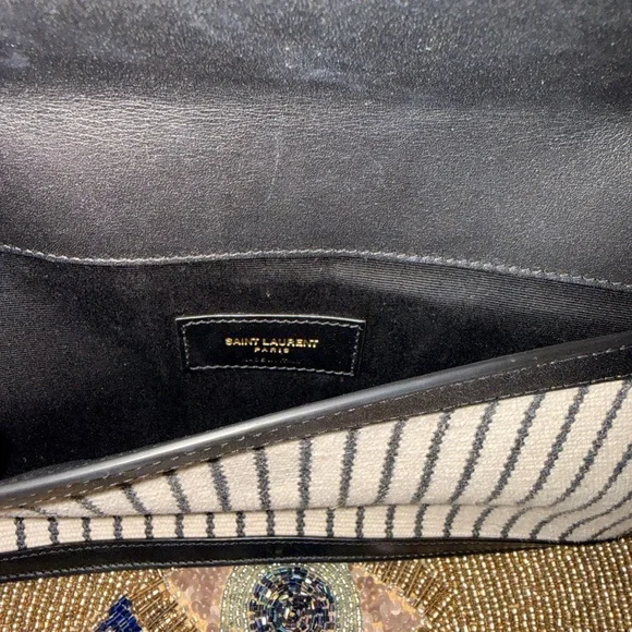 Yves Saint Laurent Uptown Canvas Striped Clutch Cream Black YSL Gold Hardware - Picture 13 of 14